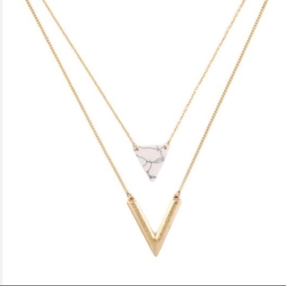 Marble Pendant Gold Necklace Triangle Double Chain Design New With Tags NWT